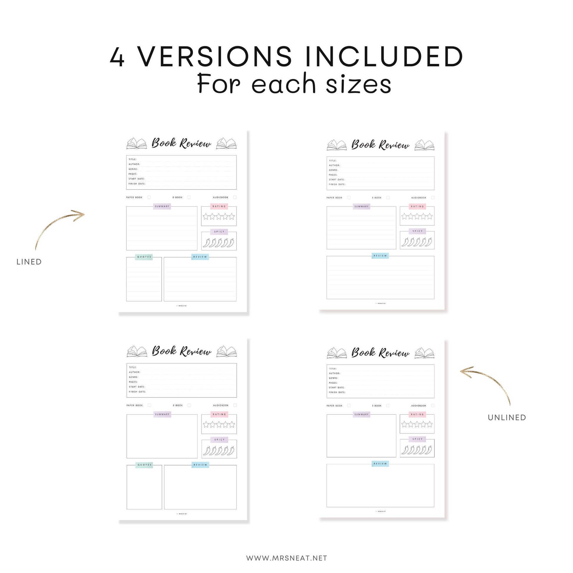 Book Review Template PRINTABLE, Book Review Journal, Book Review Page, Reading Journal Page, 4 Versions, A4, A5, Letter, Half Letter, PDF