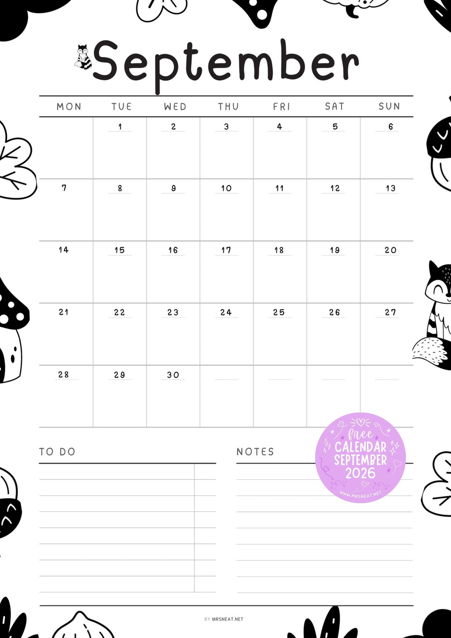 Printable September 2026 calendar with Sunday start and Monday start layouts