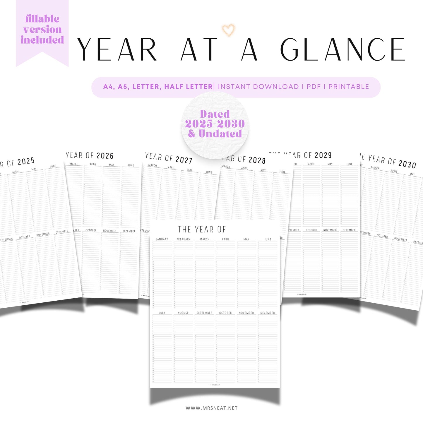 Yearly planner calendar layout for 2025-2030 with 'Year at a Glance' title.