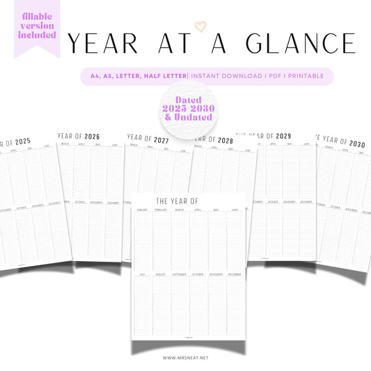 Yearly planner calendar layout for 2025-2030 with 'Year at a Glance' title.