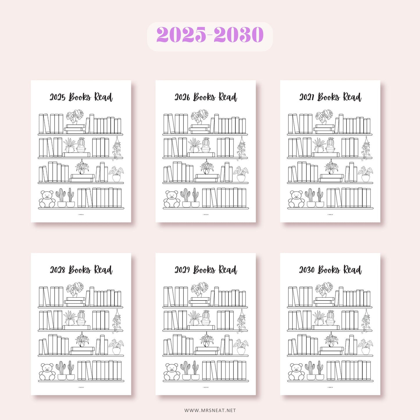 Set of six bookshelf-themed reading trackers for 2025 to 2030 on a light pink background.