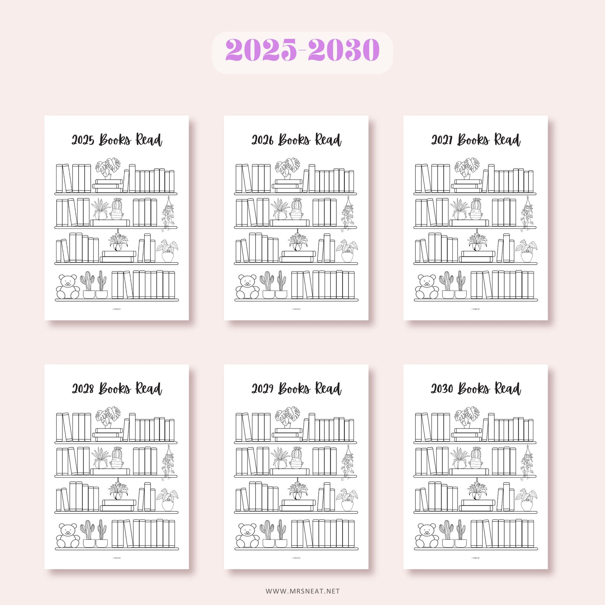 Set of six bookshelf-themed reading trackers for 2025 to 2030 on a light pink background.