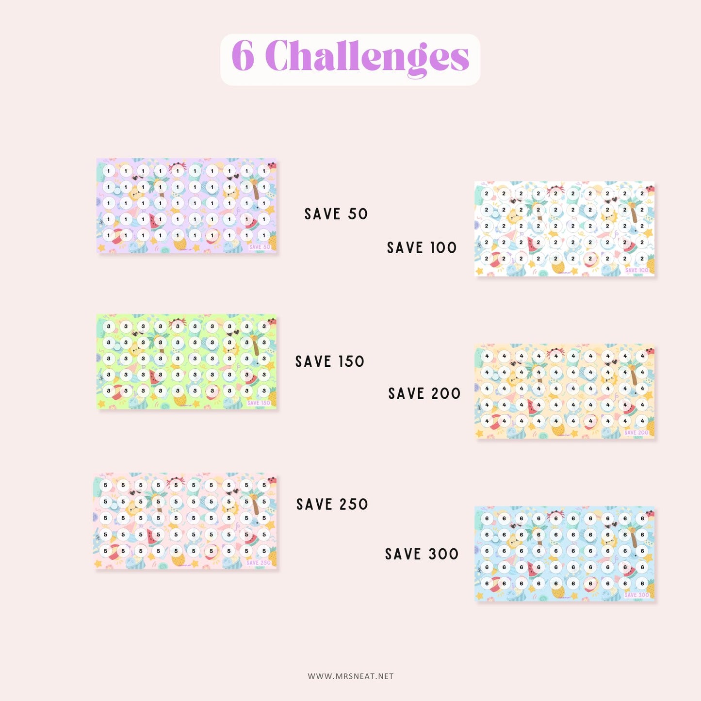 Cute 6 Summer Mini Savings Challenge Crab Theme for Low Income Savings A6 size, Save 50, Save 100, Save 150, Save 200, Save, 250, Save 300
