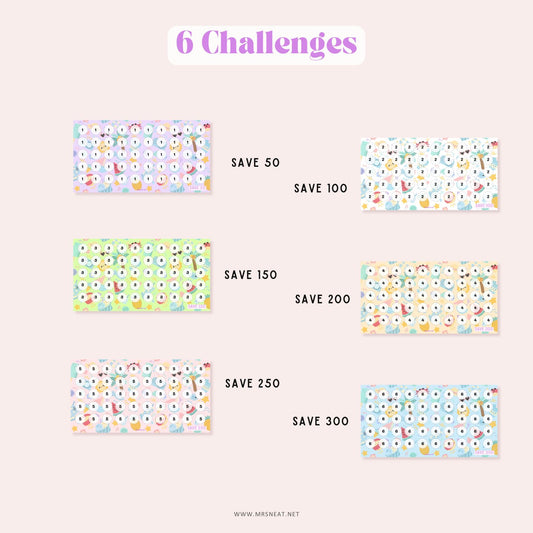 Cute 6 Summer Mini Savings Challenge Crab Theme for Low Income Savings A6 size, Save 50, Save 100, Save 150, Save 200, Save, 250, Save 300