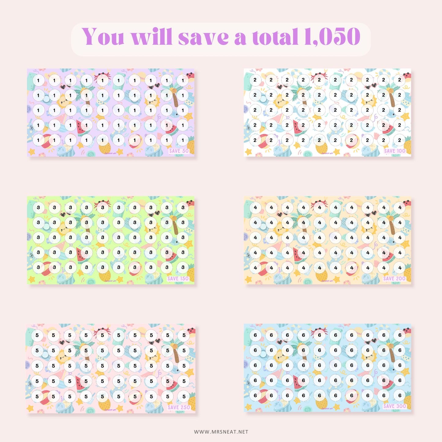 Beautiful 6 Summer Mini Savings Challenge Crab Theme for Low Income Savings A6 size total save 1050