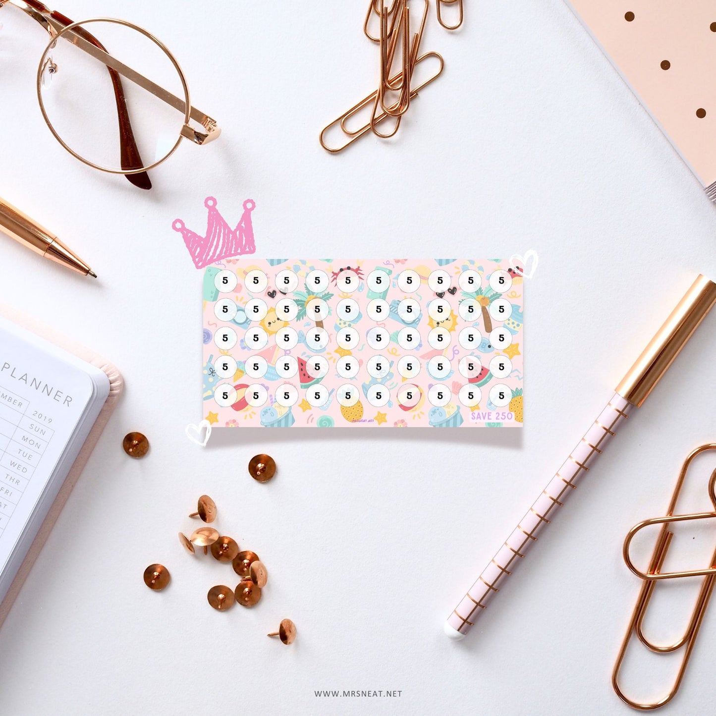 PINK Summer Mini Savings Challenge Crab Themed for Low Income Savings A6 size Save 250