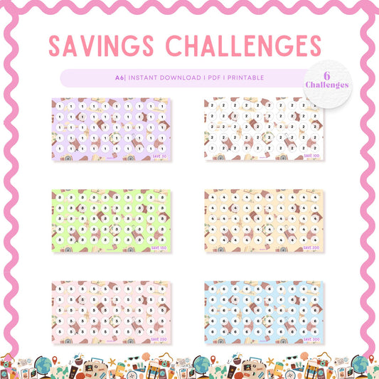 set of six summer vacation savings challenges printable A6, Colorful, Purple, Green, Pink, Blue, Cream & White in pastel color.
