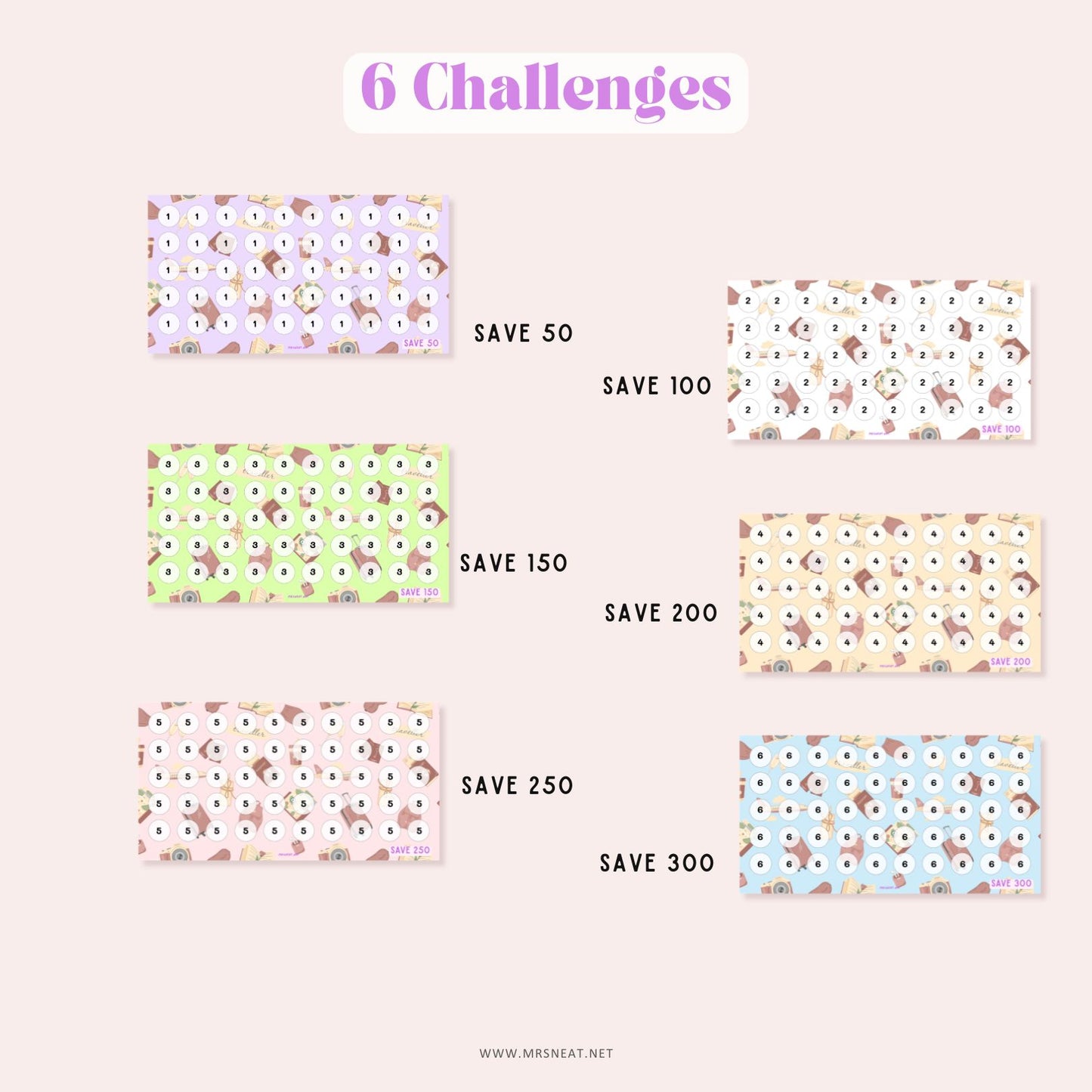 set of six summer vacation savings challenges printable A6, Colorful, Purple, Green, Pink, Blue, Cream & White in pastel color to save 50, 100, 150, 200, 250 and 300