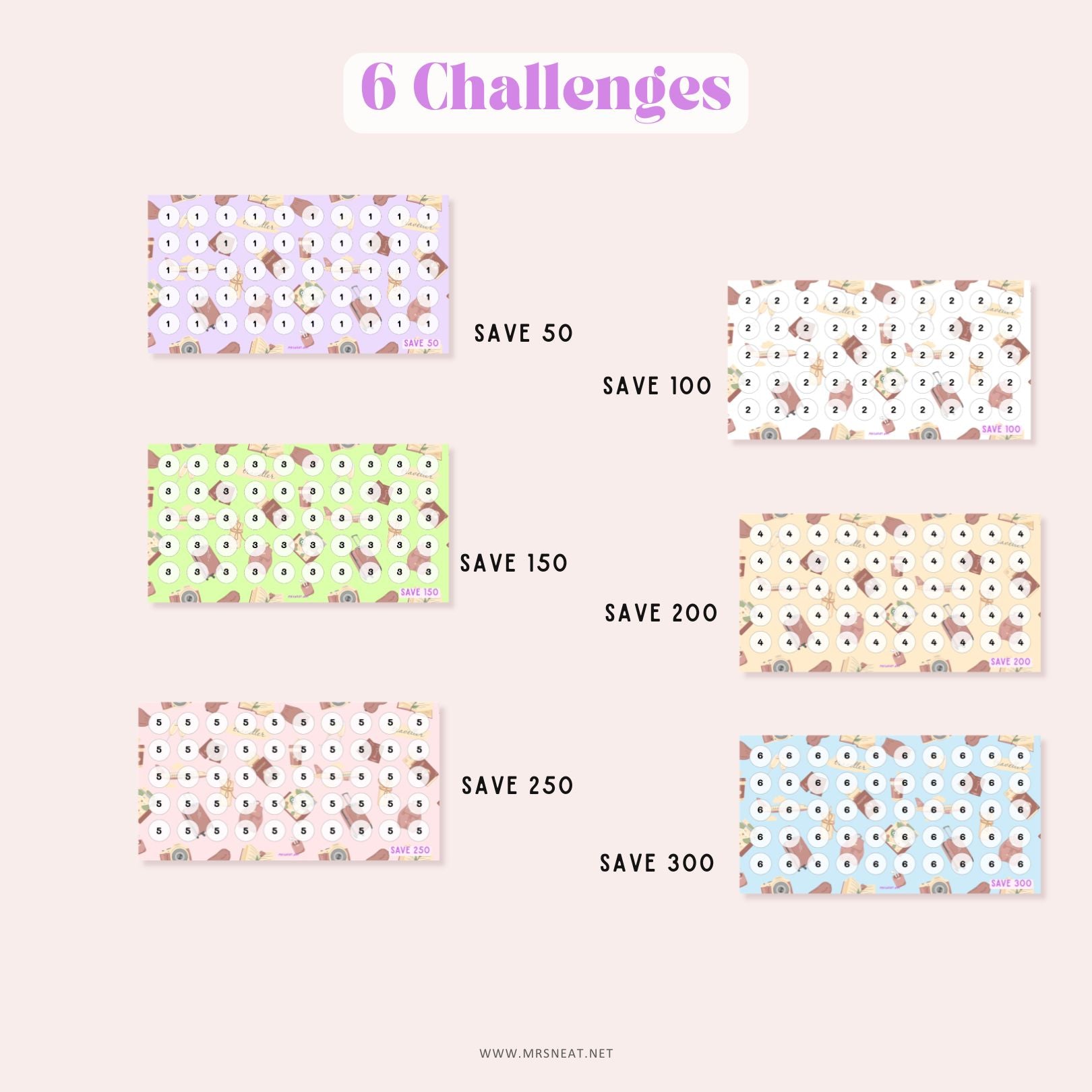 set of six summer vacation savings challenges printable A6, Colorful, Purple, Green, Pink, Blue, Cream & White in pastel color to save 50, 100, 150, 200, 250 and 300