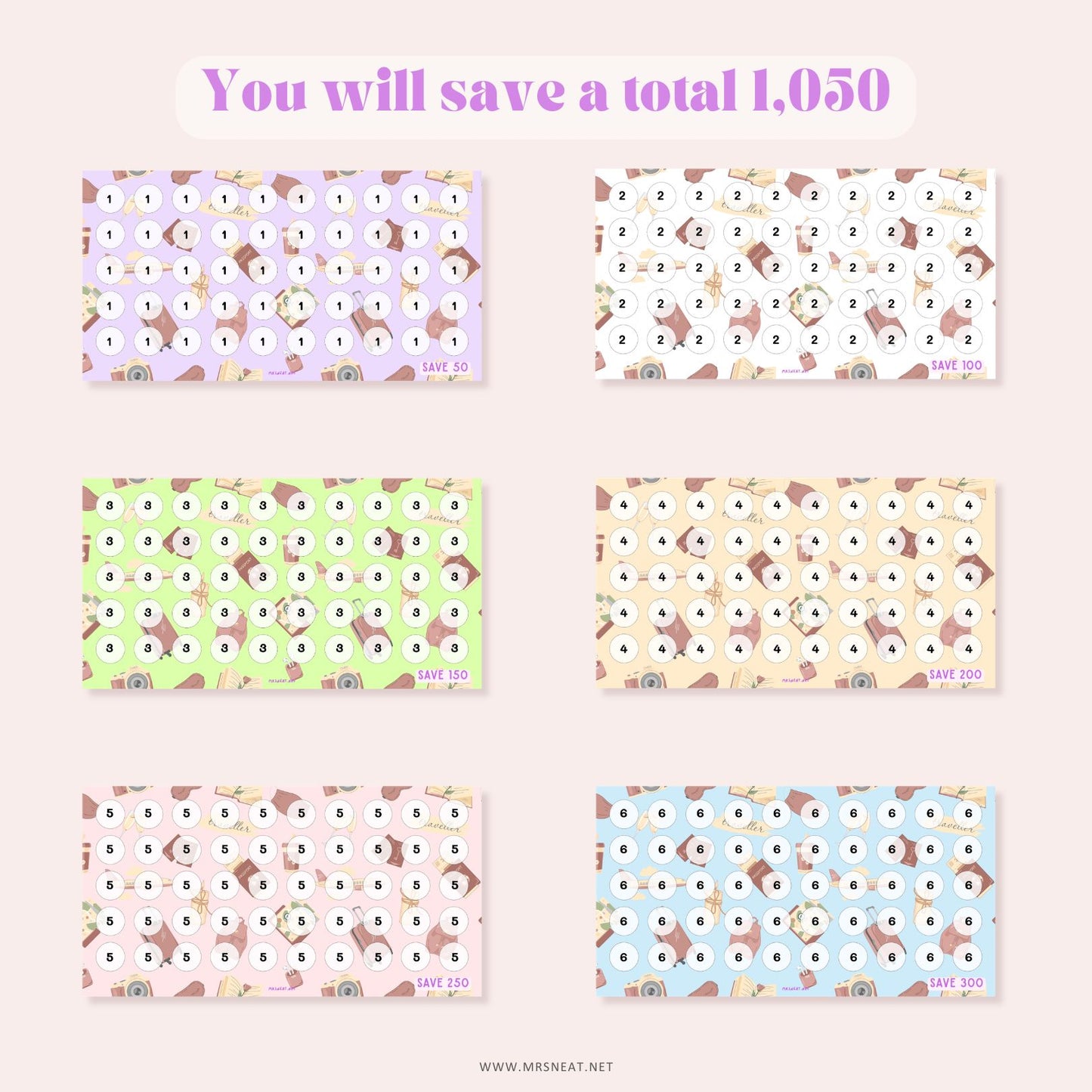 Beautiful colorful set of six summer vacation savings challenges to save total 1050