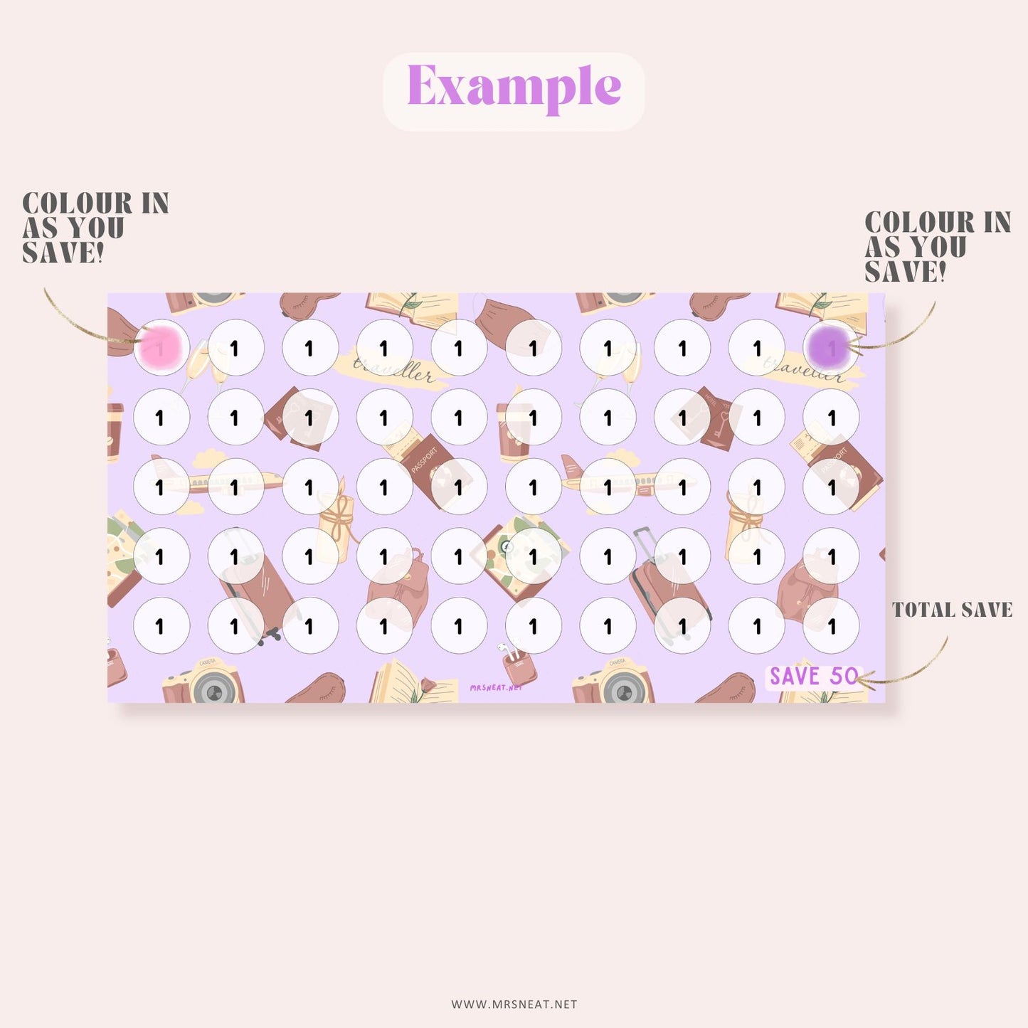 Cute soft lilac pastel A6 mini savings challenge to save 50 for summer vacation