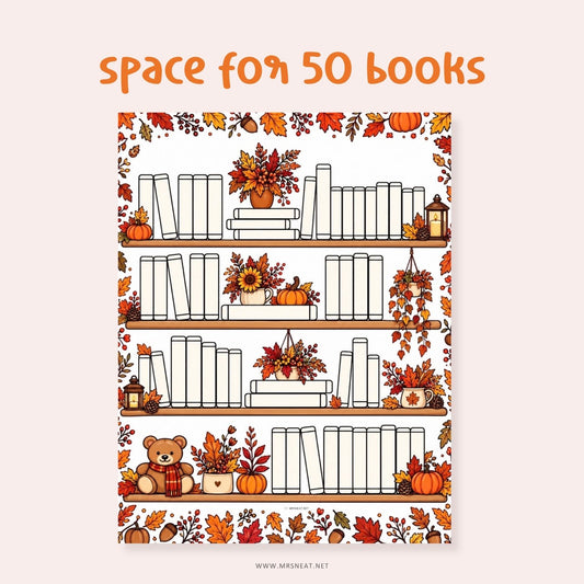 Digital reading tracker with a cozy Fall Bookshelf design for using on a tablet with a stylus