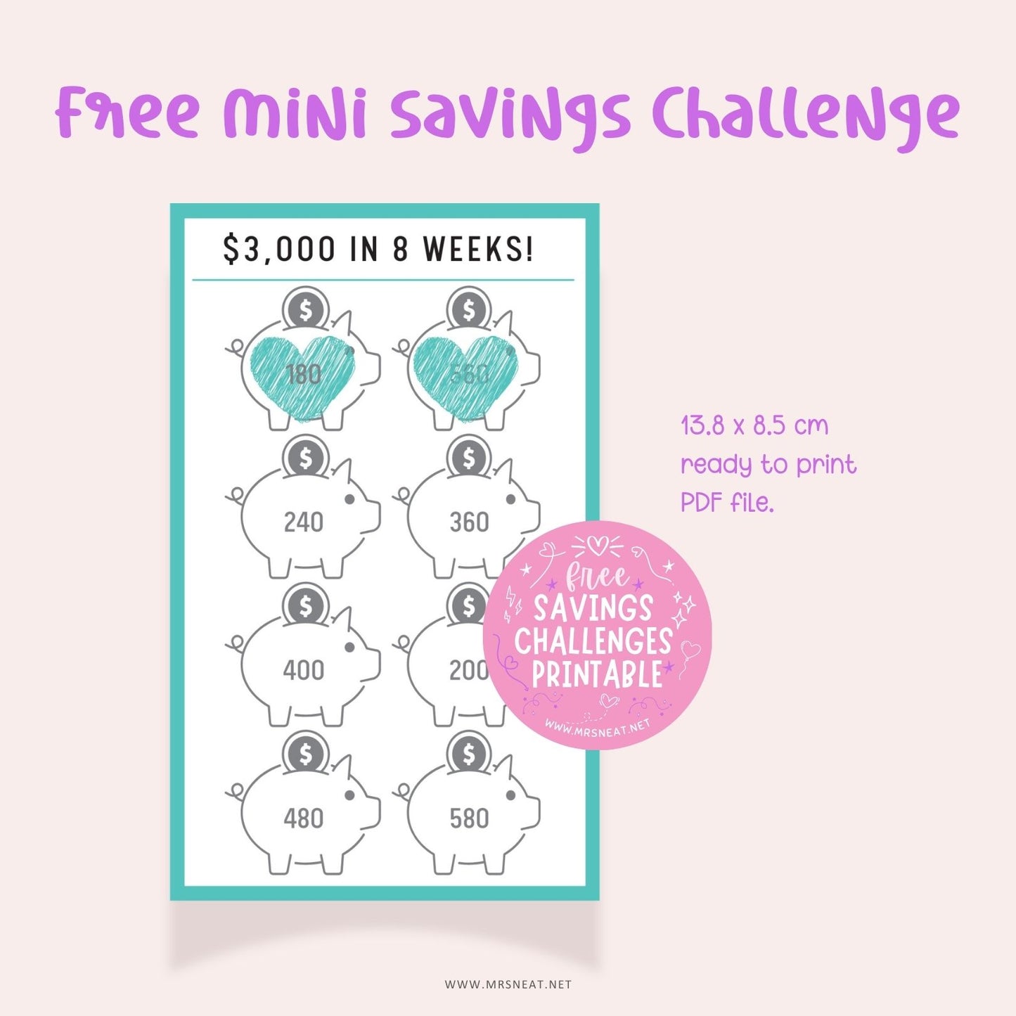 Free Cute Piggy Bank Mini Savings Challenge to save 3000 in 8 weeks