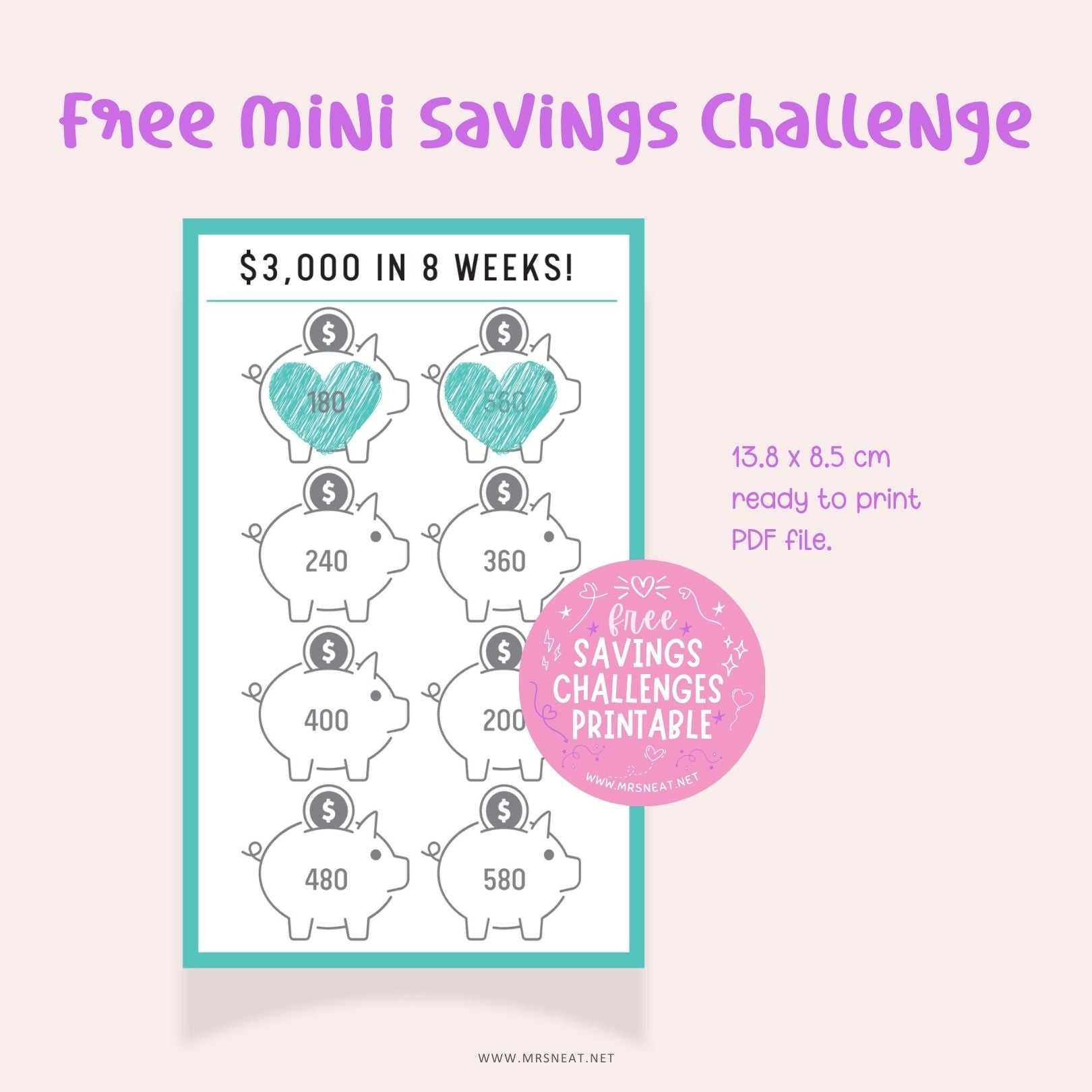 Free Cute Piggy Bank Mini Savings Challenge to save 3000 in 8 weeks
