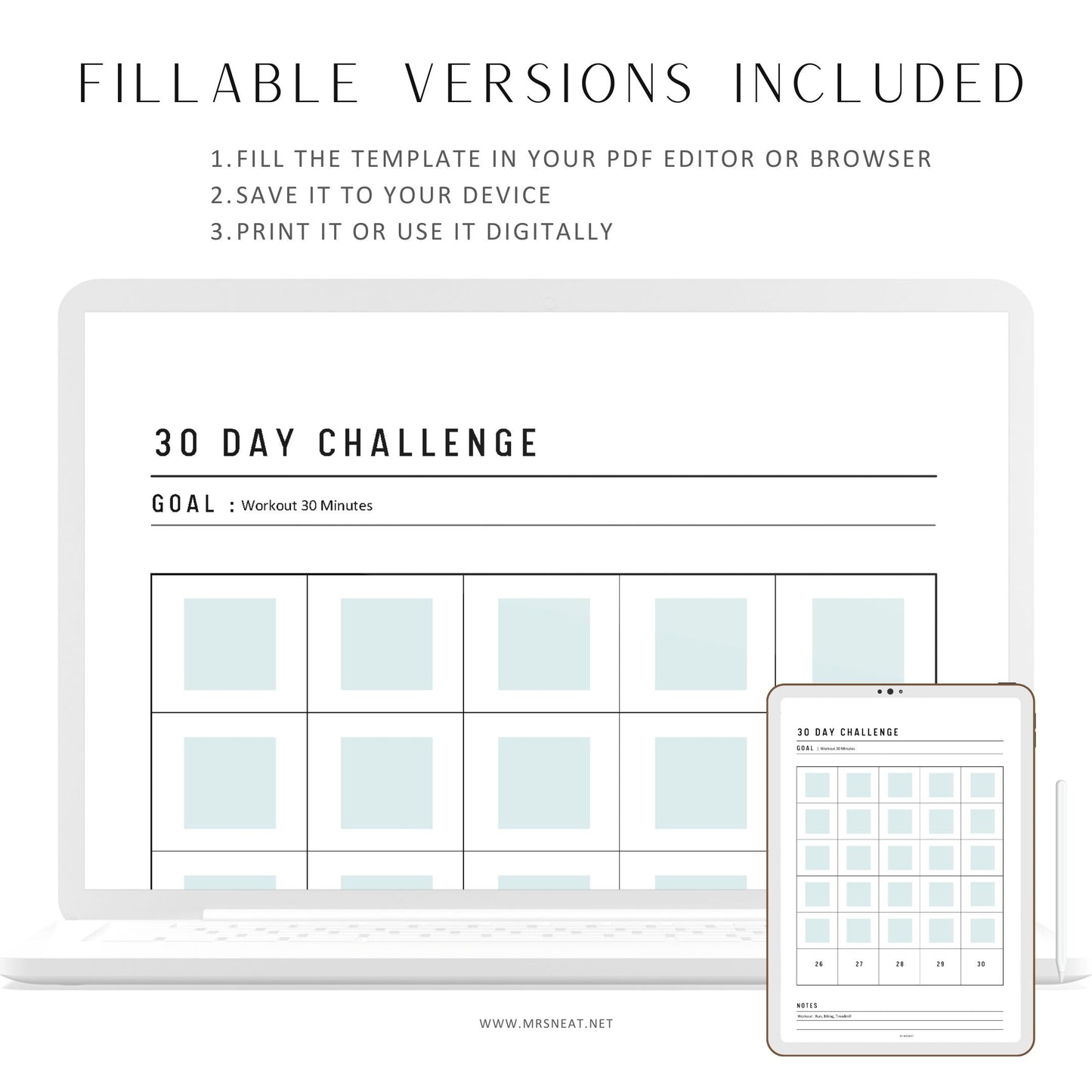 Fillable 30 day challenge printable planner, Goal Setting, Progress Tracker, Habit Forming, A4, A5, Half Letter, Letter, PDF