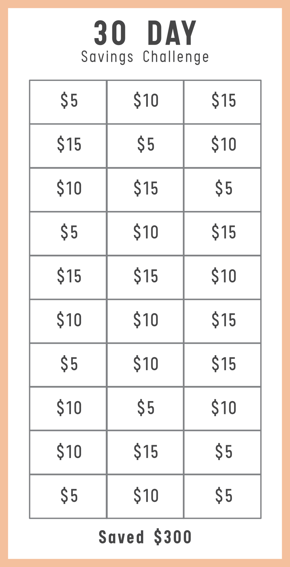 30 Day Savings Challenge chart with dollar amounts on a light pink background