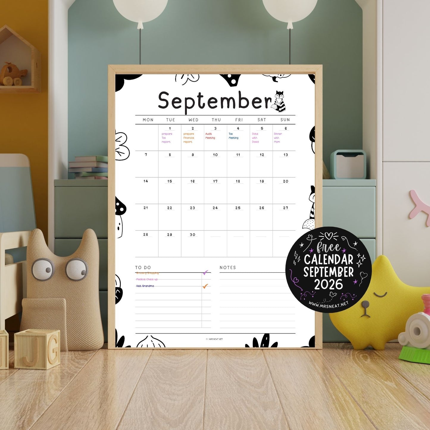 September 2026 calendar printable with cute doodles and simple monthly layout