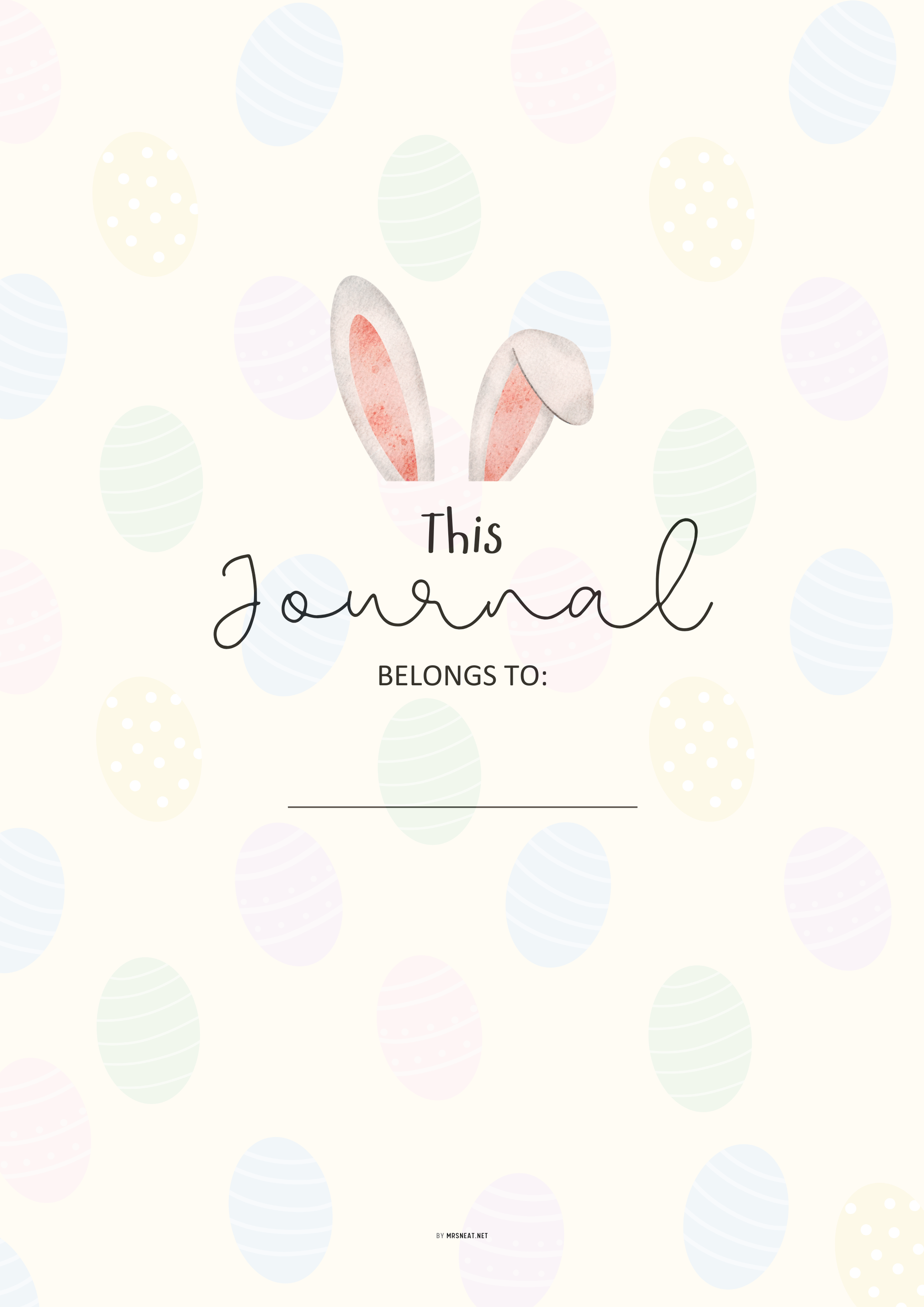 Journal cover with bunny ears and 'This Journal Belongs To' text on a pastel polka dot background