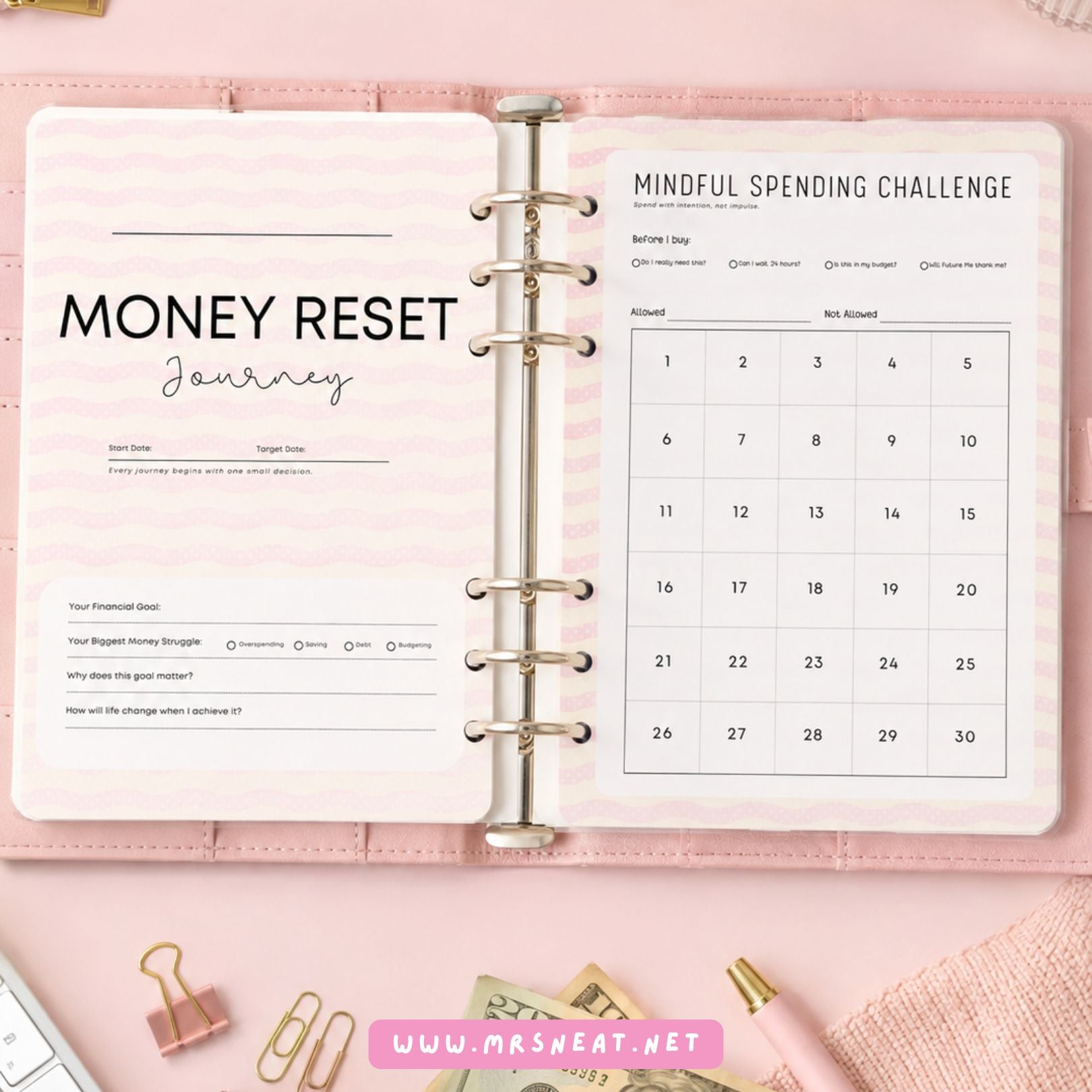 Blush & Bloom money reset planner displayed in an A5 binder