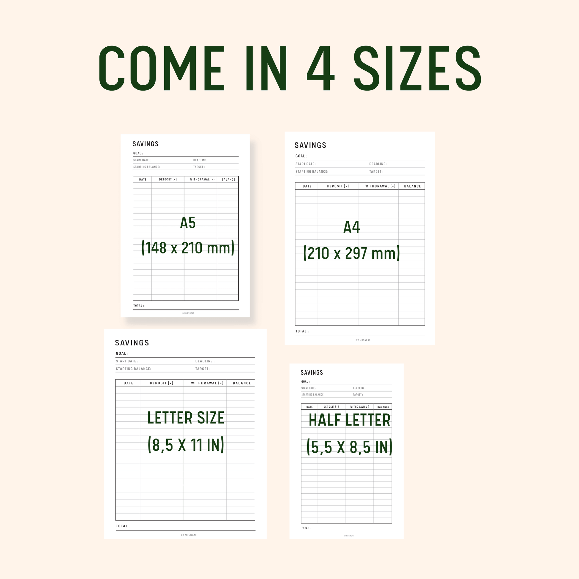 Cute, Beautiful and Minimalist Savings Tracker Printable, Fillable PDF, Digital Planner, A4, A5, Letter, Half Letter