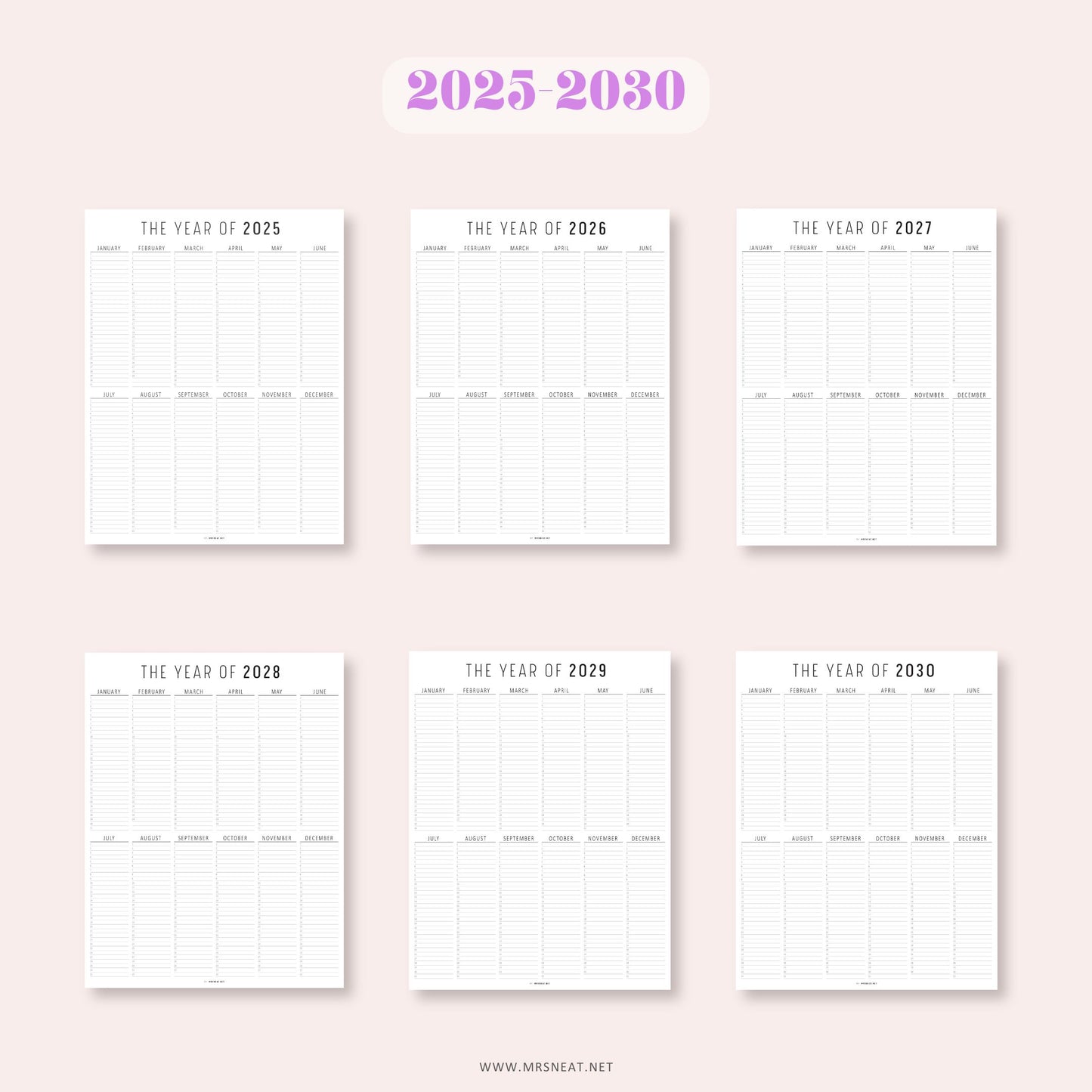 Set of six calendar pages for the years 2025 to 2030 on a light pink background.