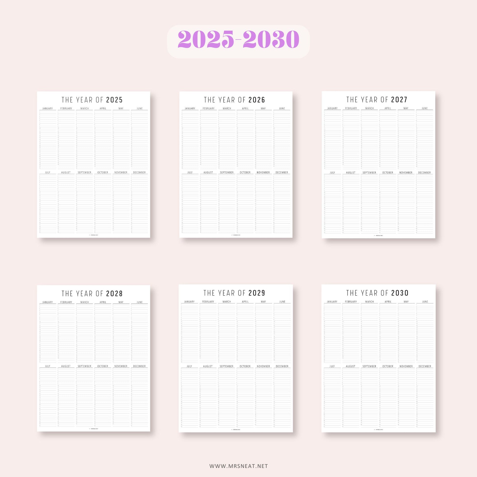 Set of six calendar pages for the years 2025 to 2030 on a light pink background.