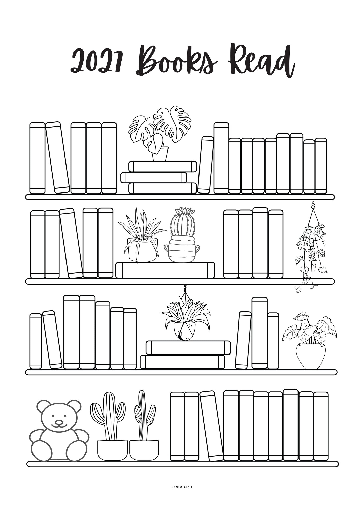 Black and white illustration of a bookshelf with books and plants, titled '2021 Books Read'.