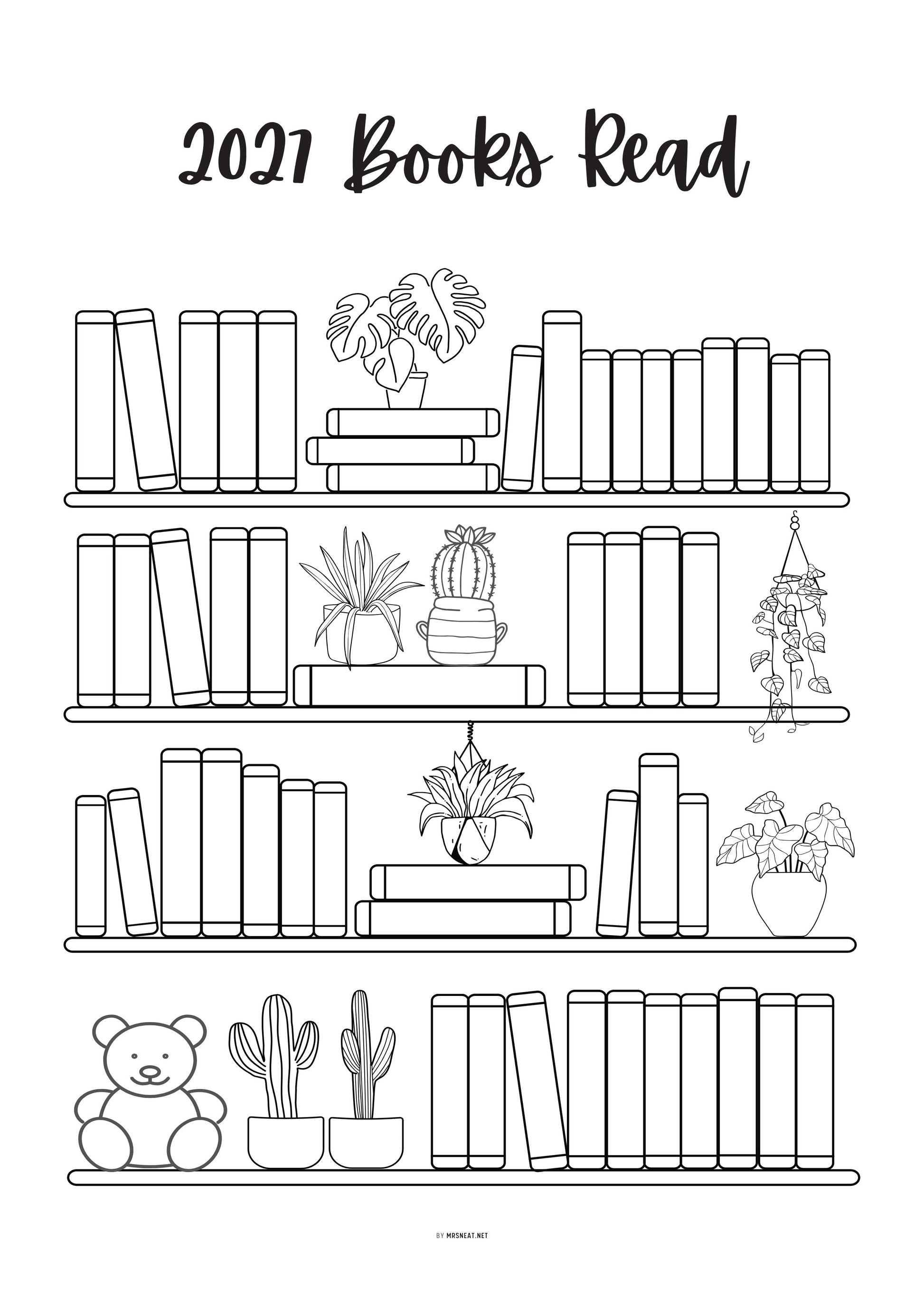 Black and white illustration of a bookshelf with books and plants, titled '2021 Books Read'.