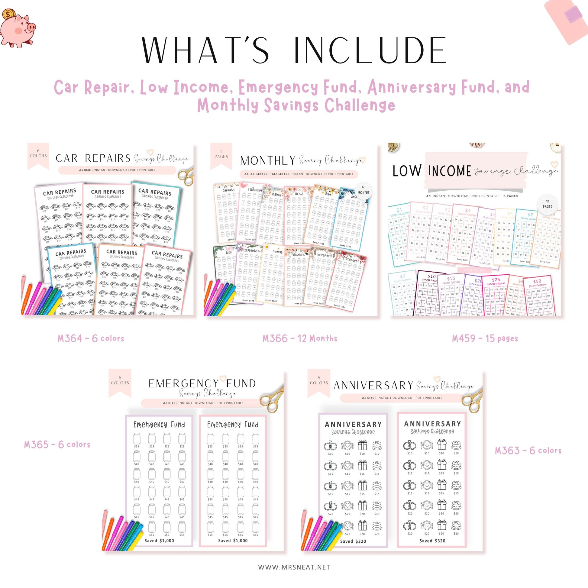 Collection of financial planning printables including car repair, emergency fund, low income savings, monthly savings challenge, and anniversary savings challenges on a white background.