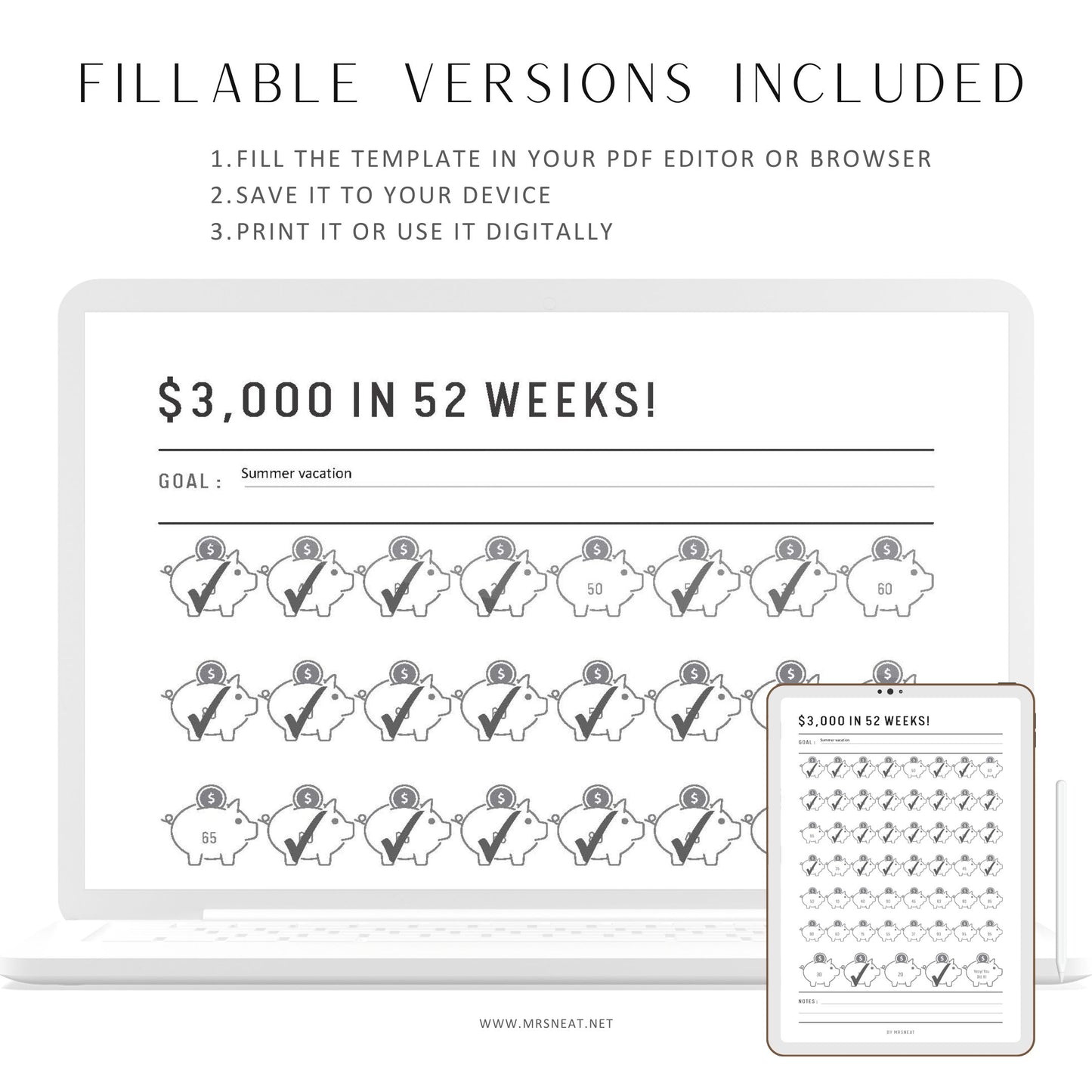 3,000 Money Saving Challenge Printable in 52 Weeks, Piggy Bank Template, Fillable Saving Tracker Page, PDF, A4, A5, Letter, Half Letter