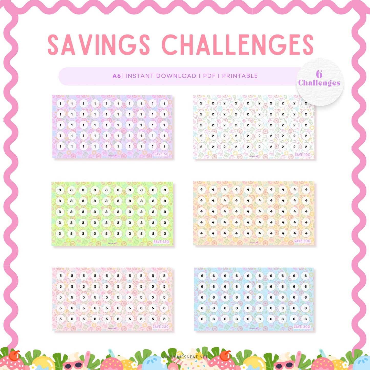 set of six tiny mini summer savings challenge A6 size digital download for low income budget tracker
