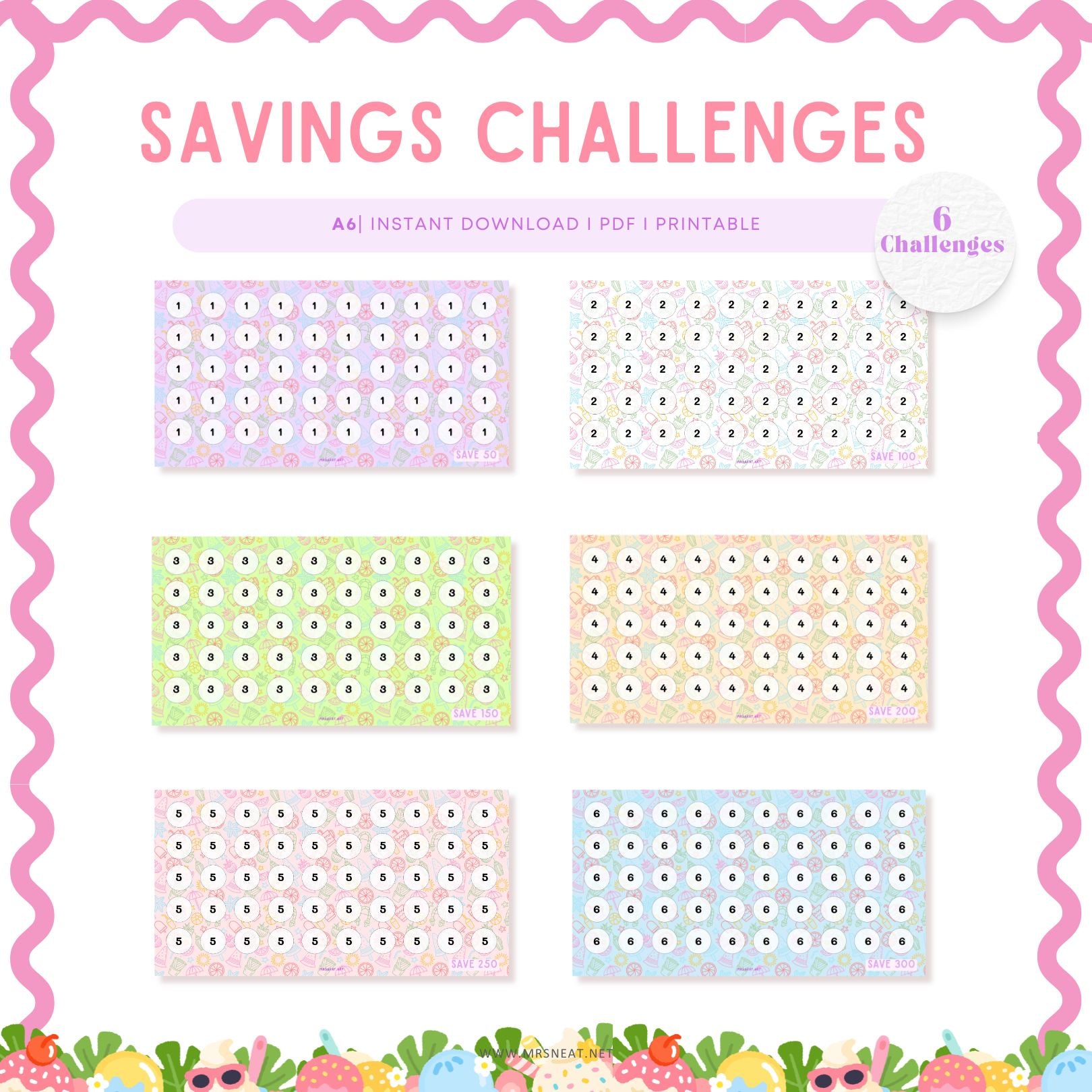 set of six tiny mini summer savings challenge A6 size digital download for low income budget tracker