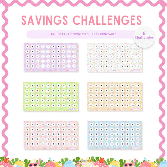 set of six tiny mini summer savings challenge A6 size digital download for low income budget tracker