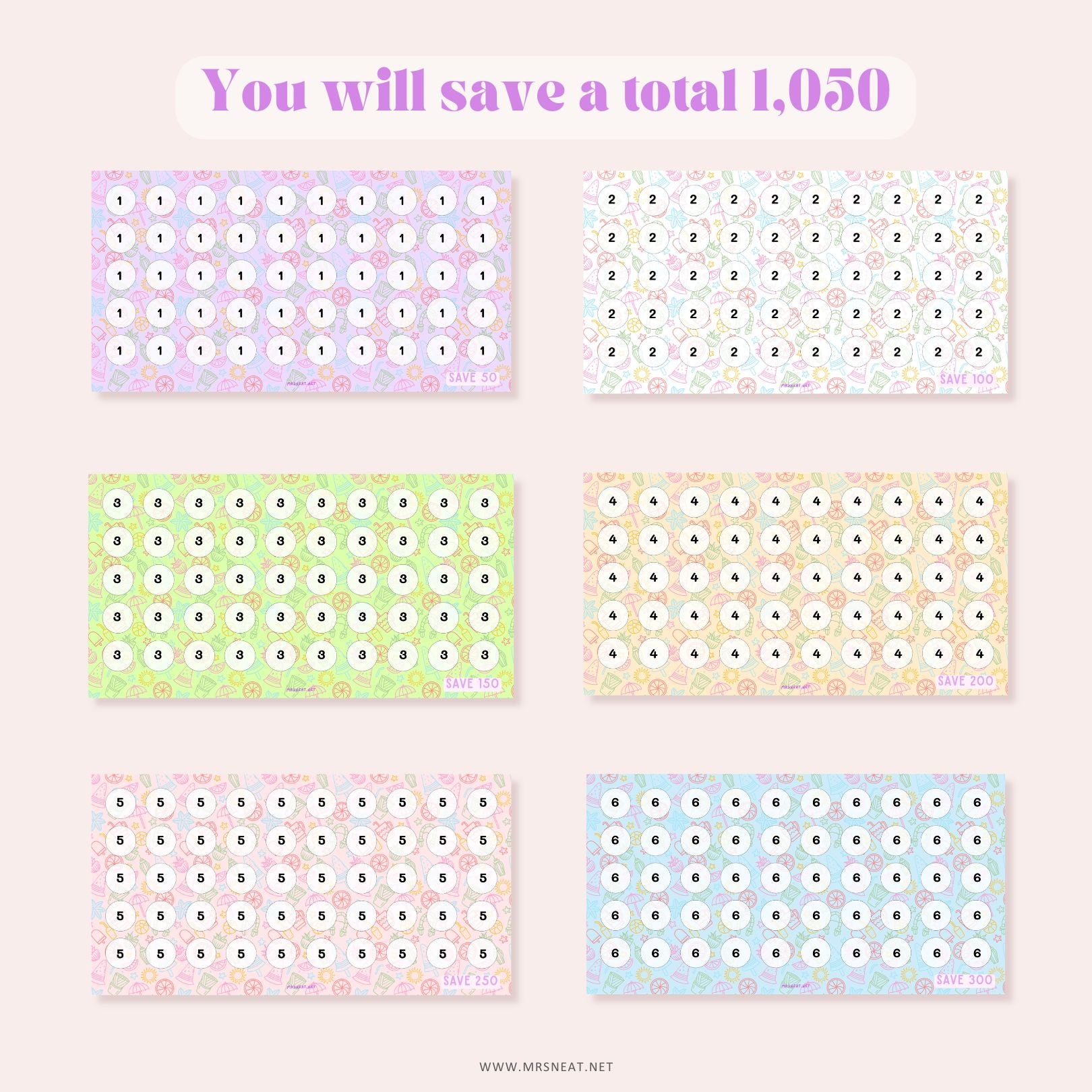 set of six tiny mini summer savings challenge A6 size for low income money tracker with total save 1050