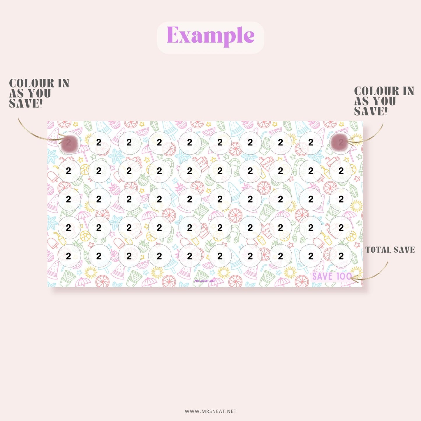 Beautiful colorful tiny mini summer savings challenge A6 size digital download for low income budget tracker with total save 100