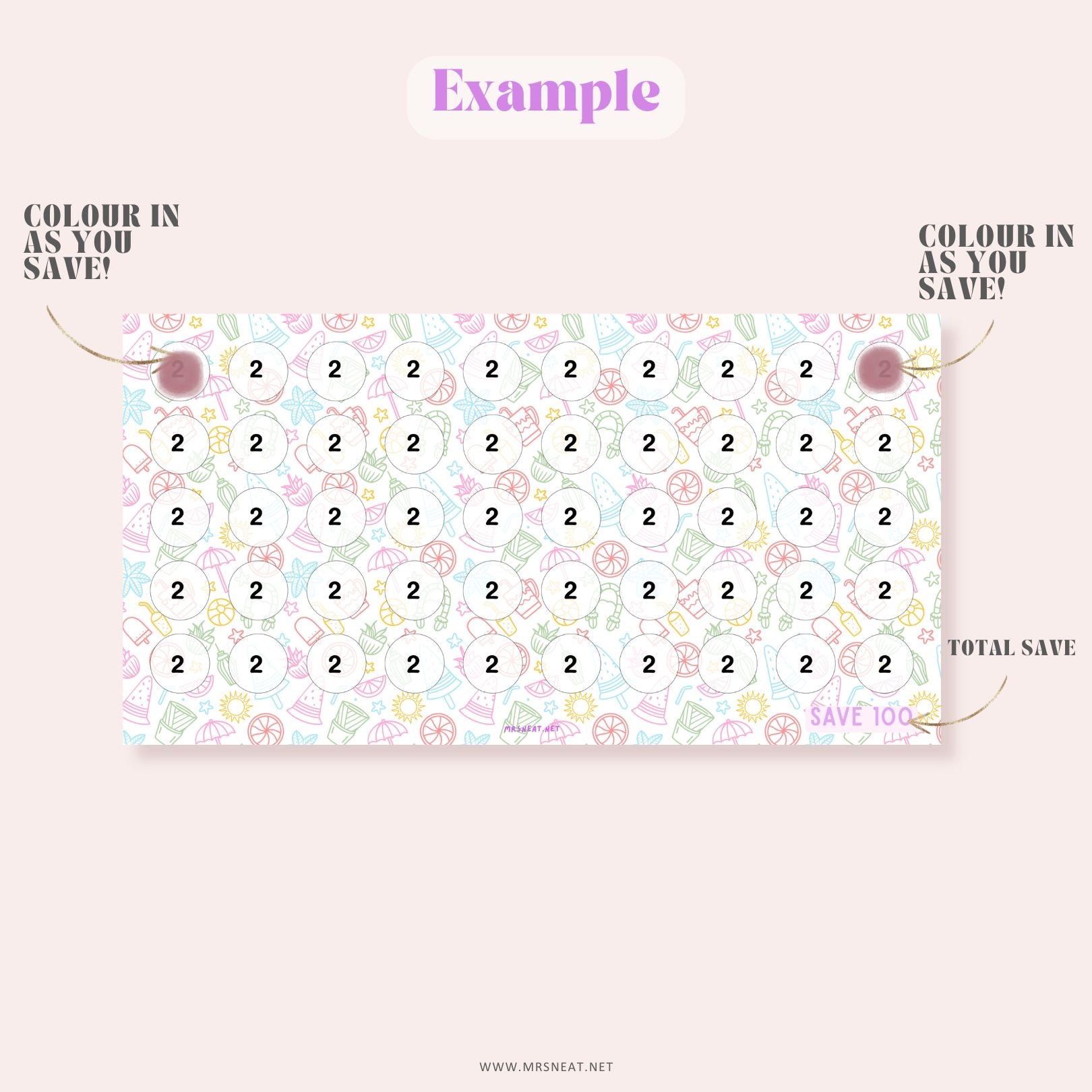 Beautiful colorful tiny mini summer savings challenge A6 size digital download for low income budget tracker with total save 100