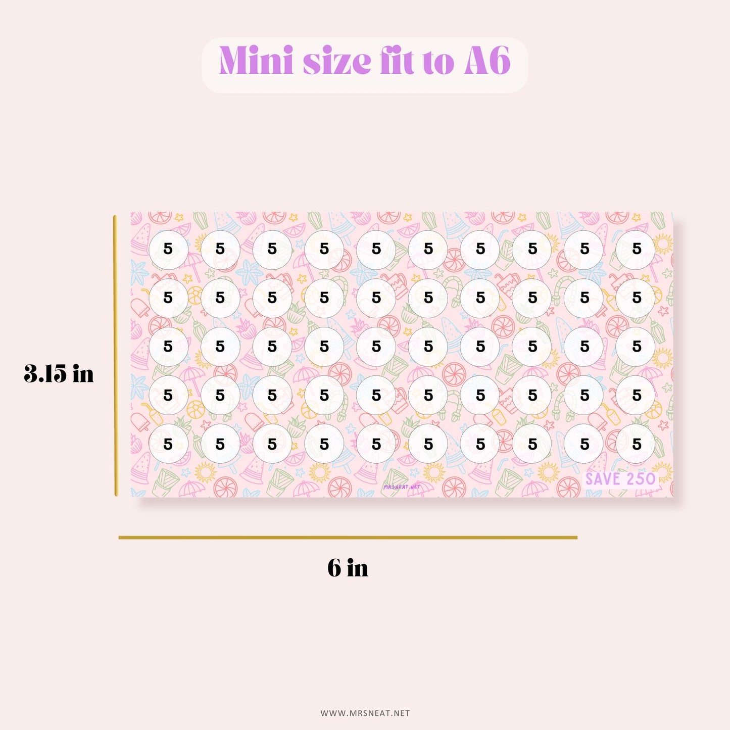 beautiful pink pastel color tiny mini summer savings challenge A6 size digital download for low income budget tracker with total save 250