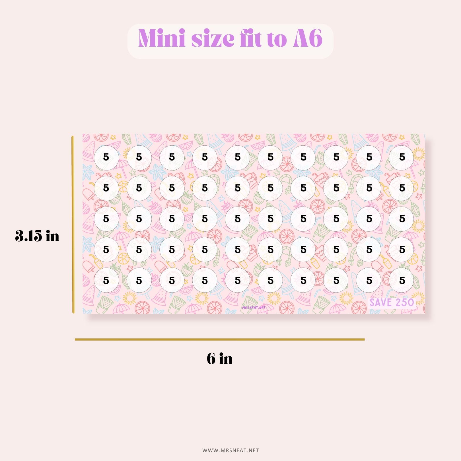 beautiful pink pastel color tiny mini summer savings challenge A6 size digital download for low income budget tracker with total save 250