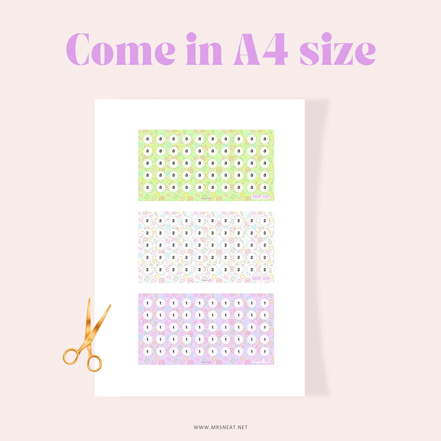 kawaii set of three mini summer savings challenge A6 size digital download for low income budget tracker in A4 paper size