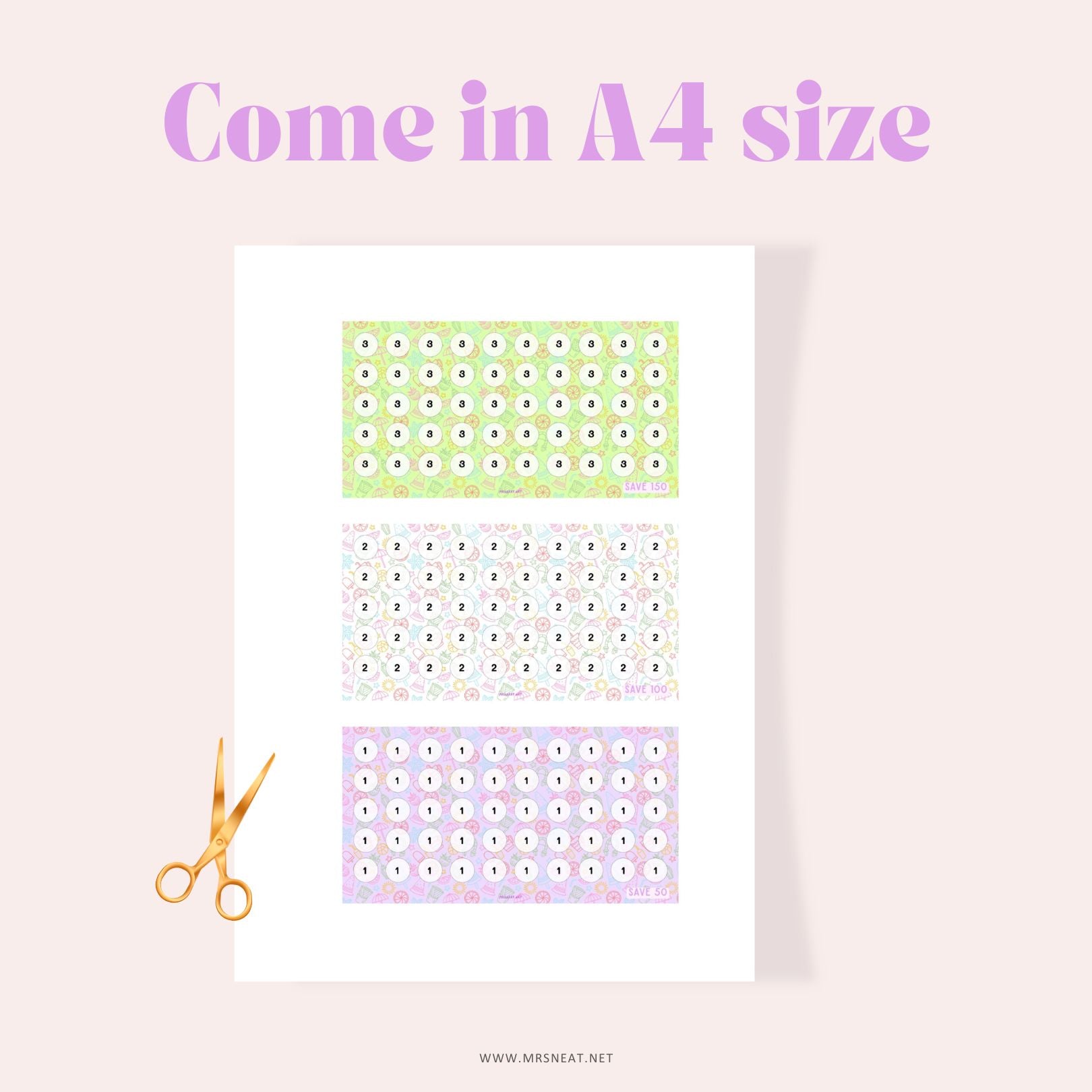 kawaii set of three mini summer savings challenge A6 size digital download for low income budget tracker in A4 paper size
