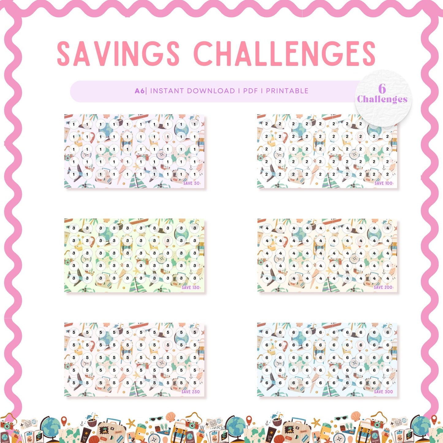 set of six colorful A6 Summer Beach Vacation Mini Savings Challenges, Cute and Beautiful, for Low Income Savings, Budget Tracker, Savings Tracker, Low Income Budgeting