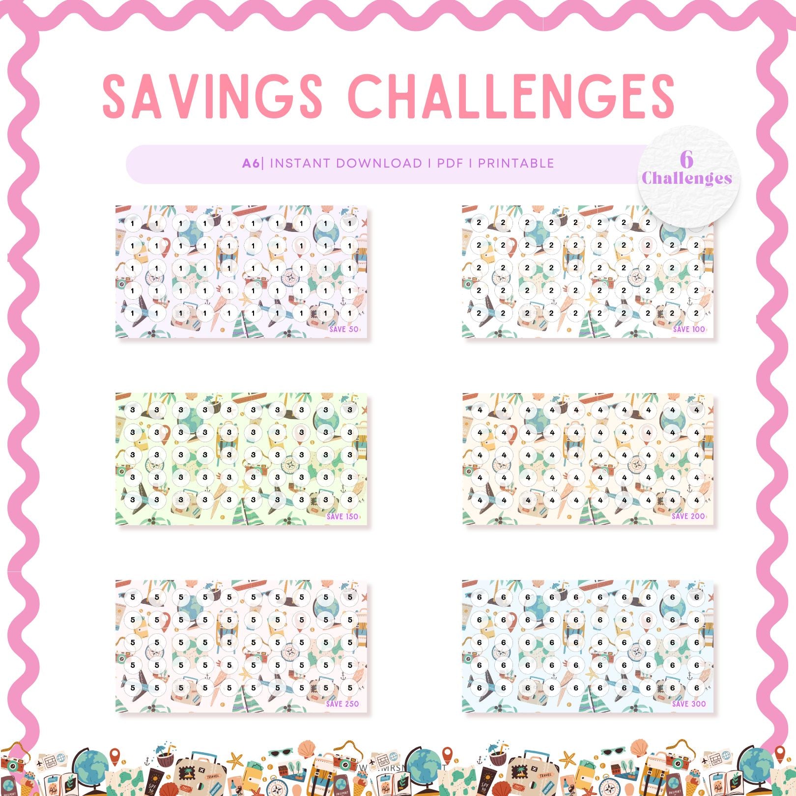 set of six colorful A6 Summer Beach Vacation Mini Savings Challenges, Cute and Beautiful, for Low Income Savings, Budget Tracker, Savings Tracker, Low Income Budgeting