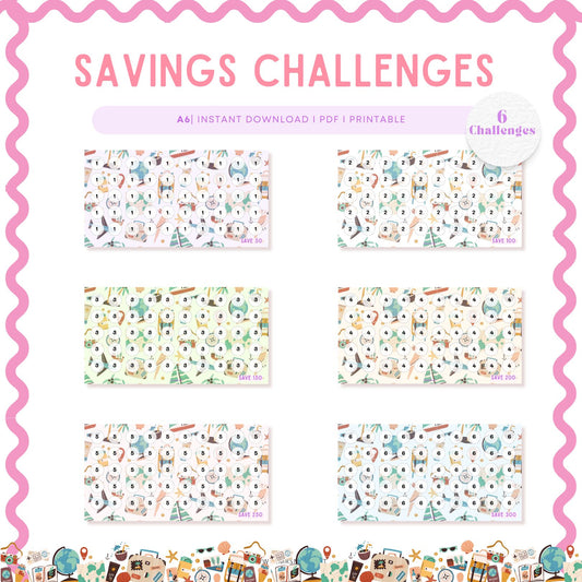 set of six colorful A6 Summer Beach Vacation Mini Savings Challenges, Cute and Beautiful, for Low Income Savings, Budget Tracker, Savings Tracker, Low Income Budgeting