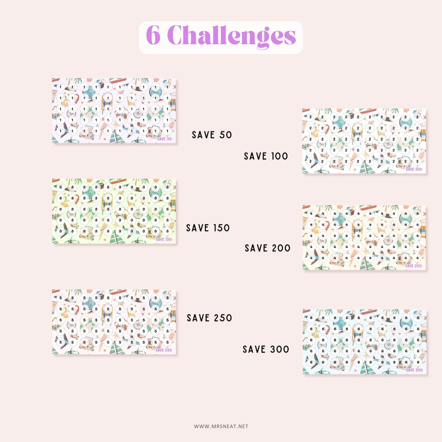 set of six colorful A6 Summer Beach Vacation Mini Savings Challenges to save 50, 100, 150, 200, 250 and 300, comes in 6 different color
