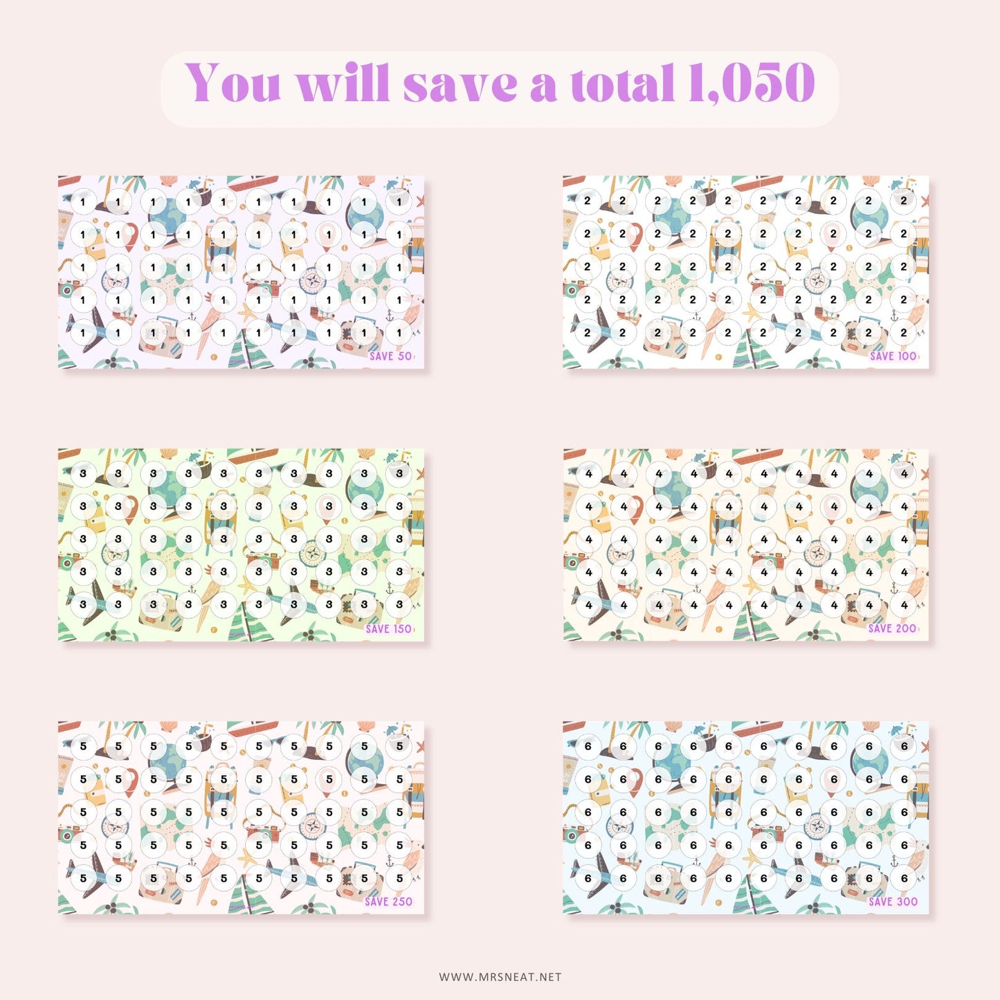 Beautiful set of six colorful A6 Summer Beach Vacation Mini Savings Challenges come in 6 different colors and different saving goals with total save 1050
