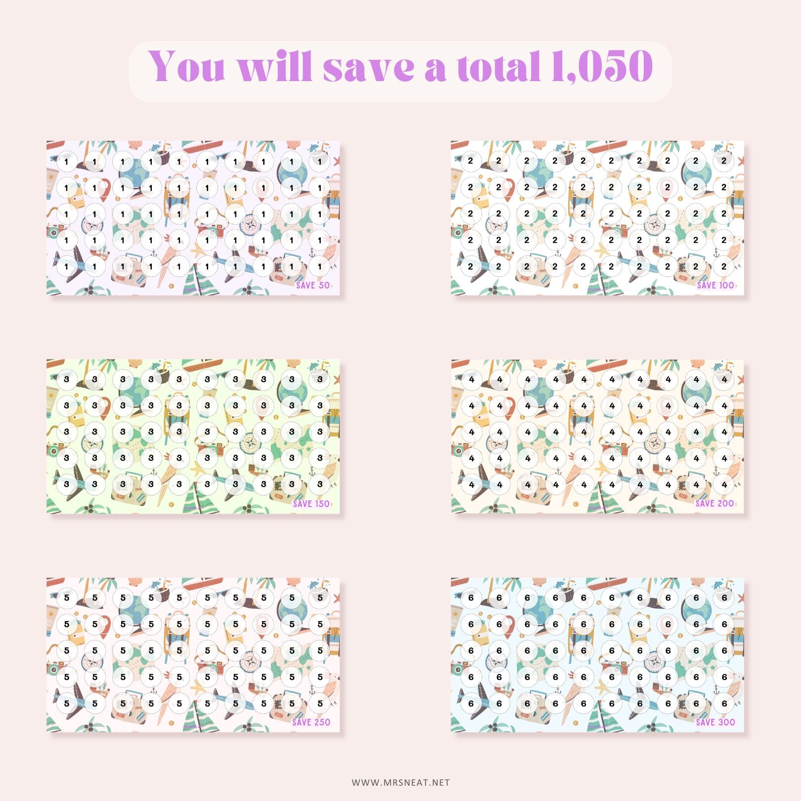 Beautiful set of six colorful A6 Summer Beach Vacation Mini Savings Challenges come in 6 different colors and different saving goals with total save 1050