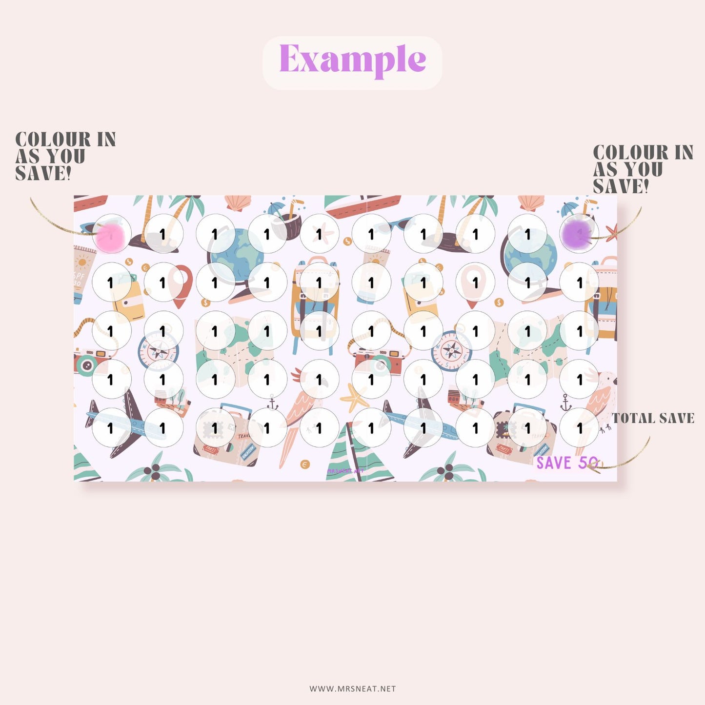 Kawaii light purple A6 Summer Beach Vacation Mini Savings Challenges PRINTABLE to save 50 
