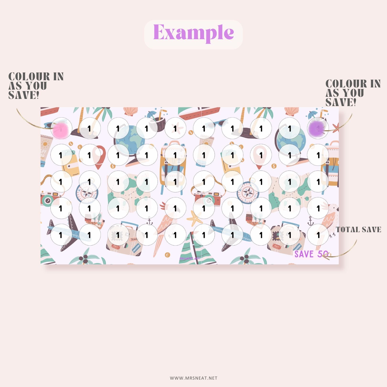 Kawaii light purple A6 Summer Beach Vacation Mini Savings Challenges PRINTABLE to save 50 