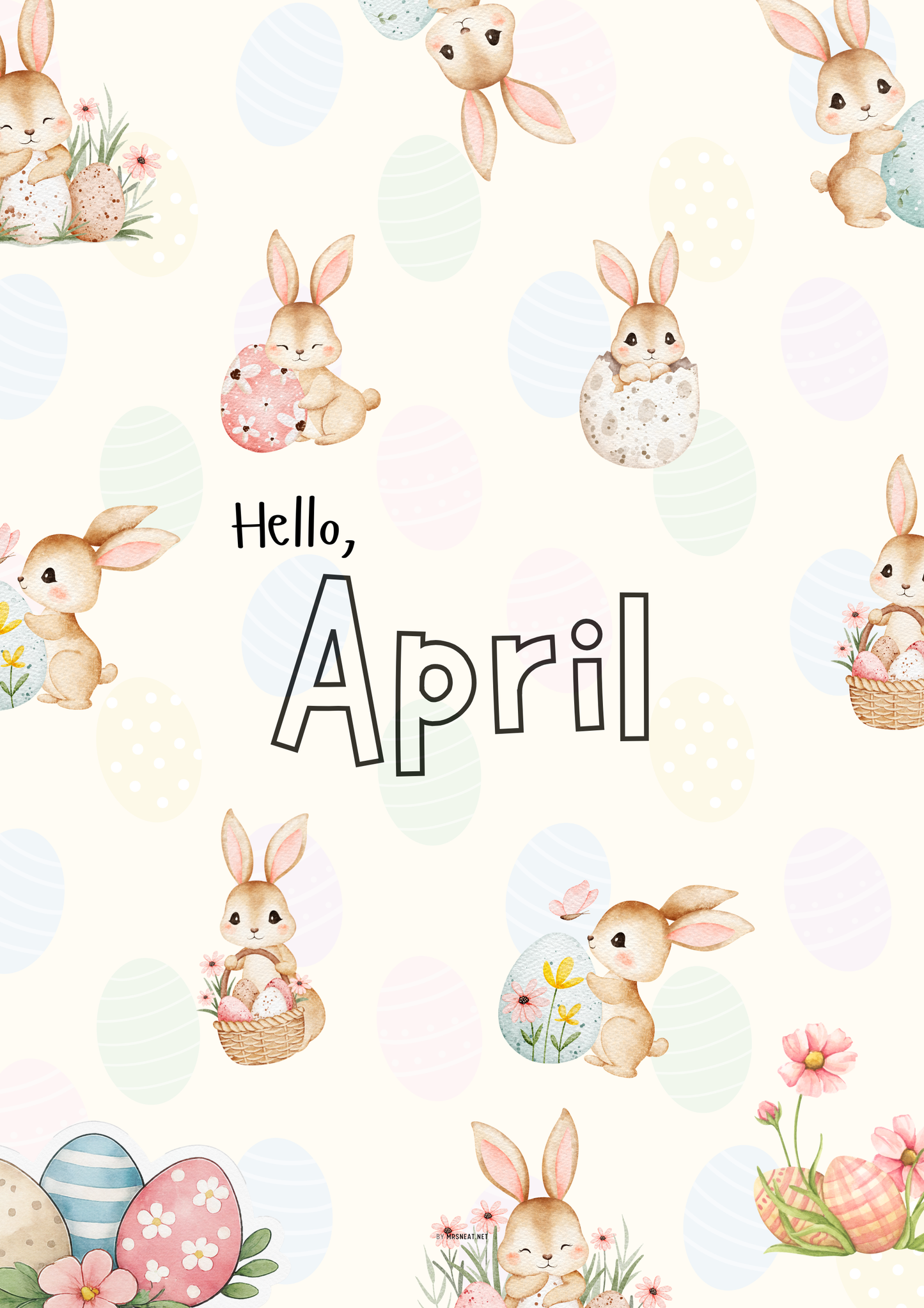 April calendar with cartoon bunnies and Easter eggs on a light background