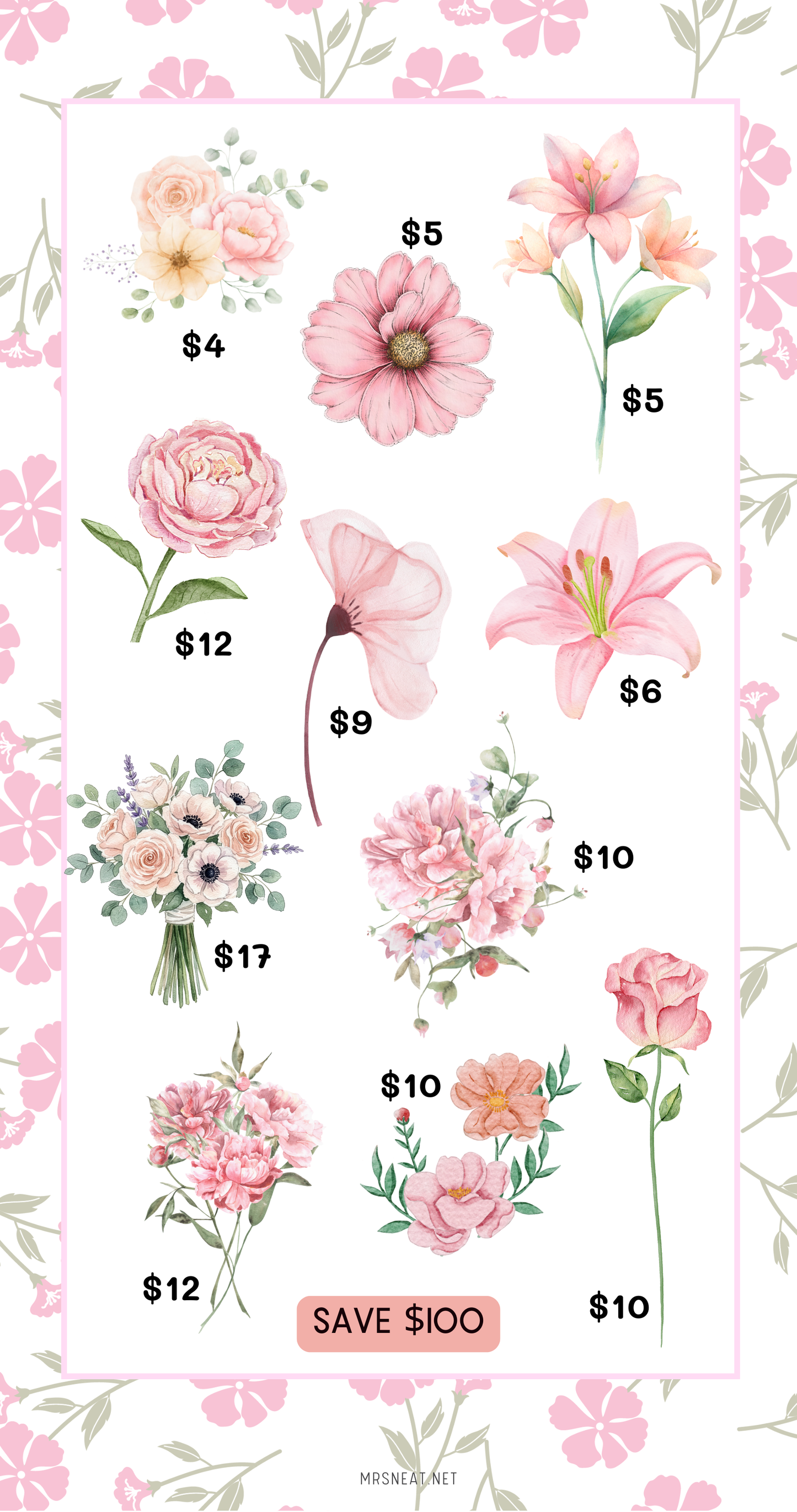 Three plant-themed saving challenge cards with green leaves, pink flowers, and potted plants on a white background.